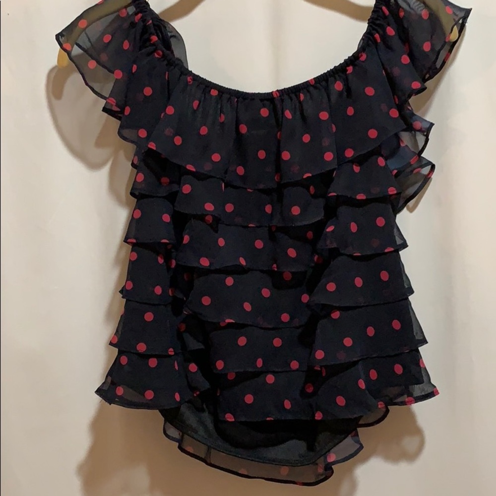 VINTAGE JEFFREY/DARA EVENING TOP RUFFLED NAVY POLKA DOT SIZE 10 - Picture 4 of 6